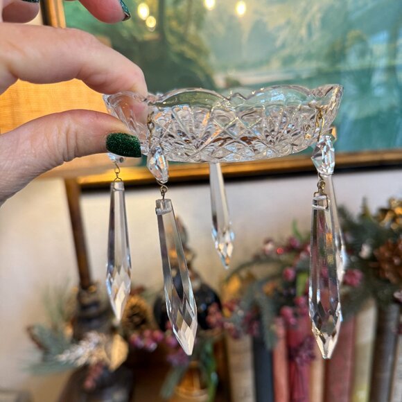 2 Vintage Crystal Bobeche Candle Drip Rings with Dangling Crystals - Picture 4 of 16